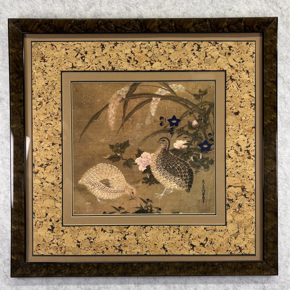 Vintage Japanese Quail Art Print Framed 20x21 Cork Mosaic Mat Peonies